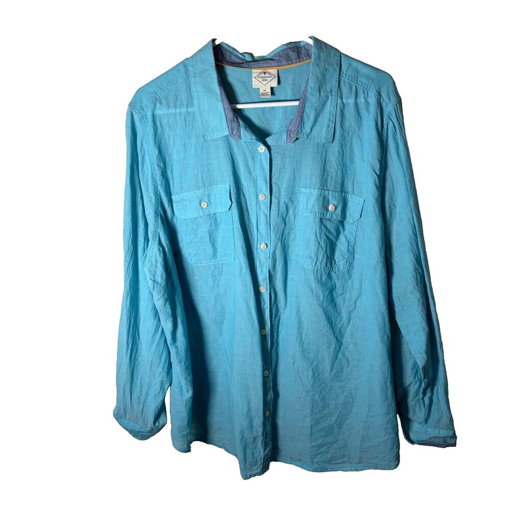 St John's Bay Shirt Women's 3X Blue Button Up Long Sleeve Collared Cotton Top